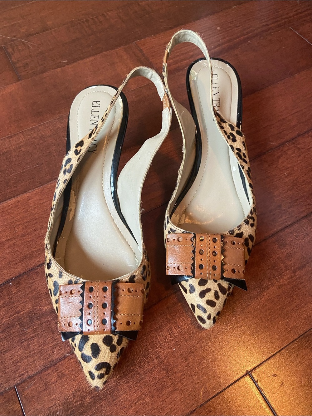 Ellen Tracy Leopard Print Pointed Slingback Mules with Brown Bow
